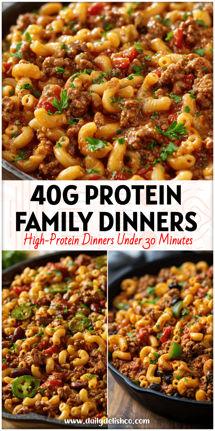 A skillet filled with hearty High Protein Beef Dinner and macaroni mixed with rich Protein Chili sauce for Easy Macro Meals.