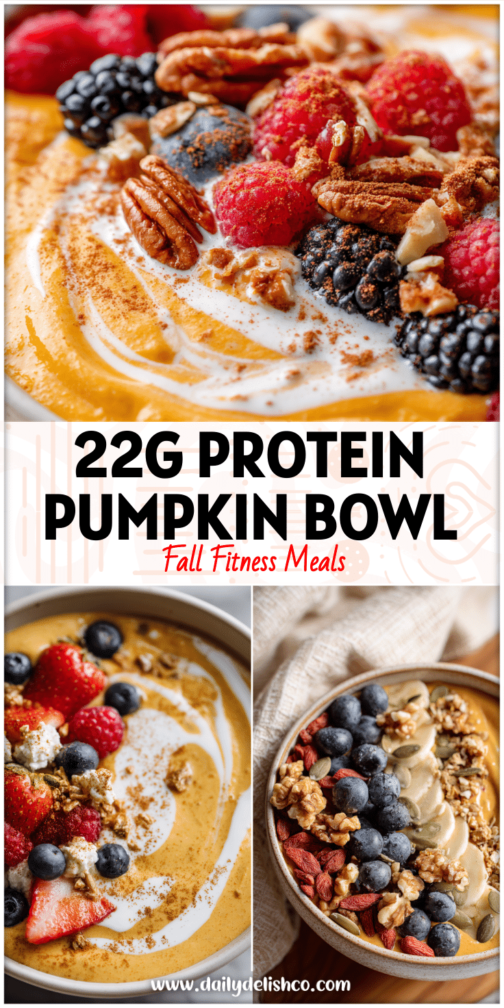 High Protein Fall Breakfast smoothie bowl made with cottage cheese and pumpkin puree topped with seasonal fall fruits.