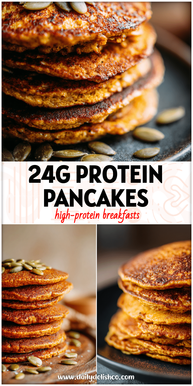 Stack of Pumpkin Spice Pancakes made with Gluten Free Oats, Gluten Free Flour, and Protein Powder for a Healthy High Protein Breakfast.