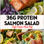 Colorful Salmon Caesar Salad served with romaine, lemon wedges, and creamy light dressing.