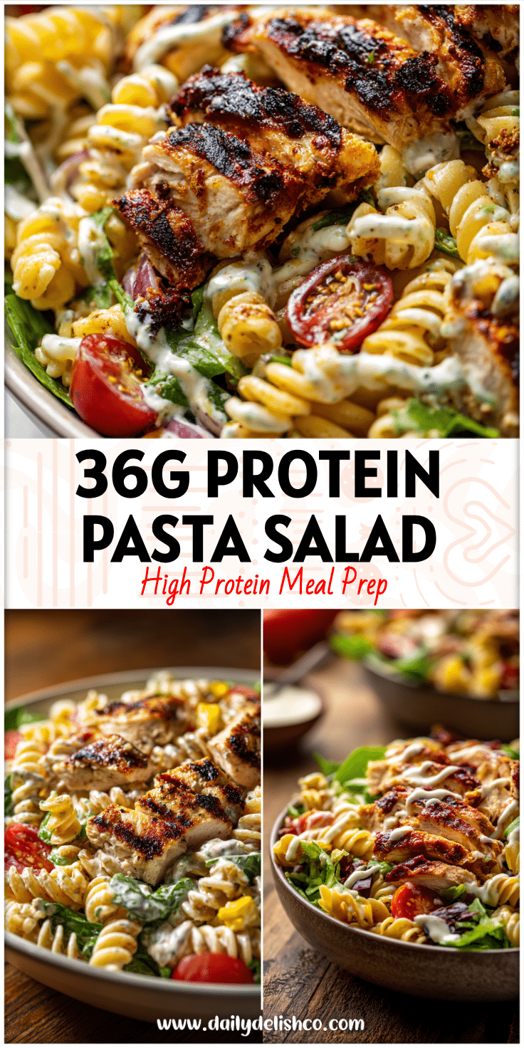 Bowl of BBQ Chicken Pasta Salad with grilled BBQ chicken, creamy ranch pasta salad dressing, and fresh summer greens.