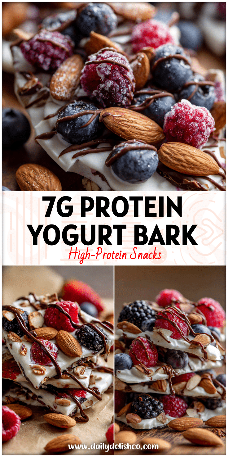 Frozen Greek Yogurt Bark topped with Mixed Berries, almonds, granola, and a Chocolate Drizzle for a healthy frozen treat