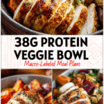 Bowl of roasted chicken, sweet potatoes, and veggies styled as a Healthy Easy Fall Dinner Roast Veggie Bowl.