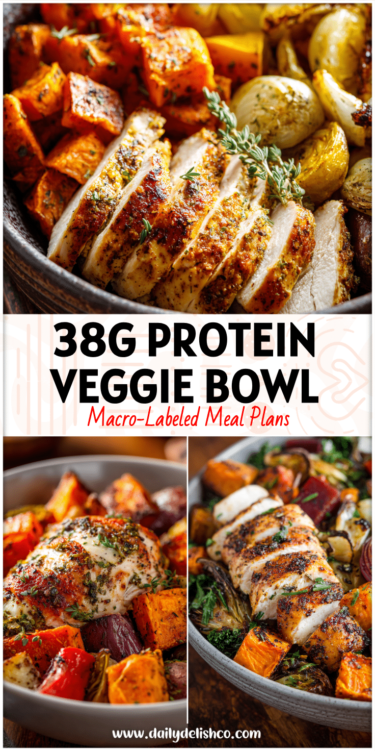 Bowl of roasted chicken, sweet potatoes, and veggies styled as a Healthy Easy Fall Dinner Roast Veggie Bowl.