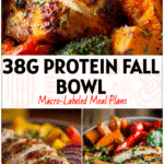 Colorful Roast Veggie Bowl with chicken, sweet potato, and fall veggies for a healthy easy dinner idea.