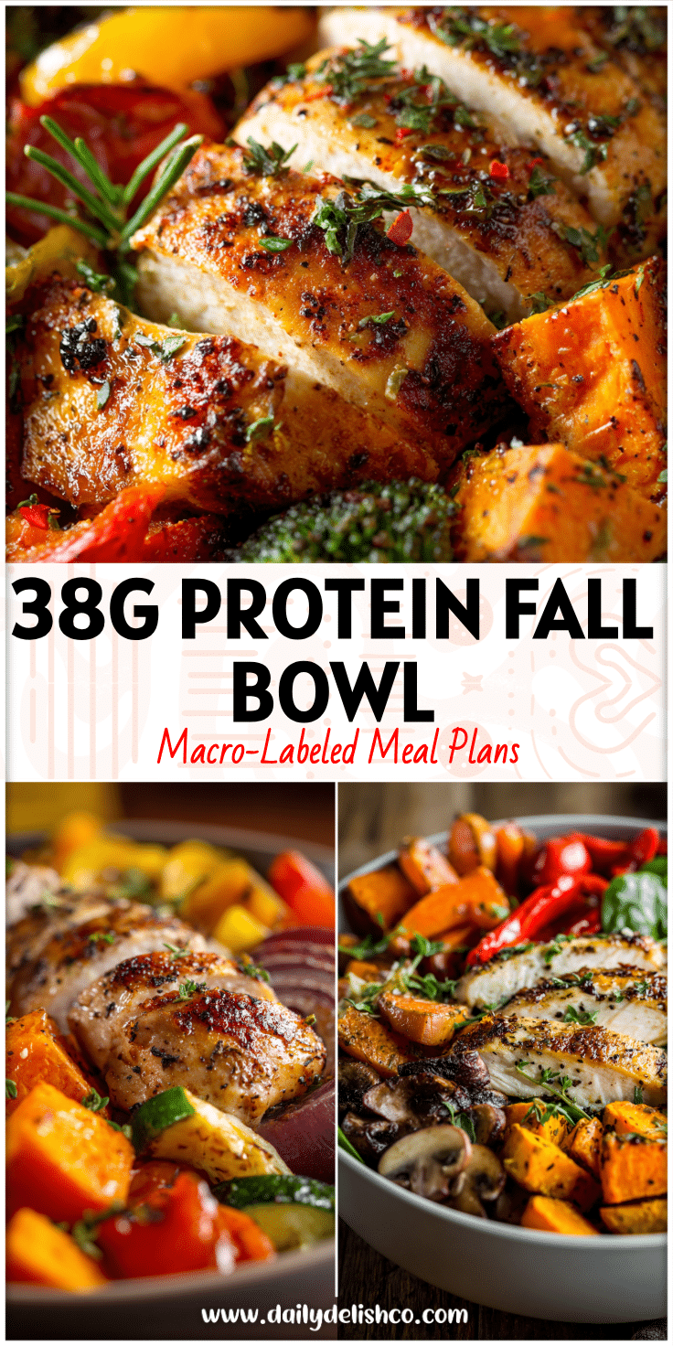 Colorful Roast Veggie Bowl with chicken, sweet potato, and fall veggies for a healthy easy dinner idea.