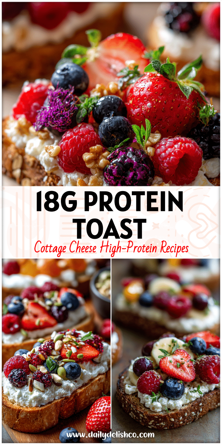 Close-up of a sourdough toast topped with cottage cheese, berries, and savory toppings for a fresh lunch idea