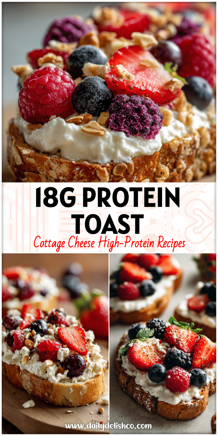 Cottage cheese berry crunch toast on sourdough with savory cottage cheese toppings and fresh fruit.