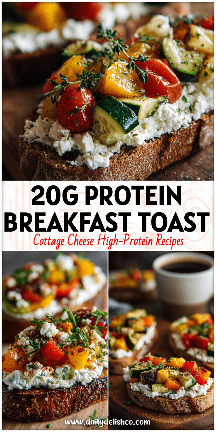 A High Protein Cottage Cheese Toast Breakfast topped with colorful fall veggies and herbs.