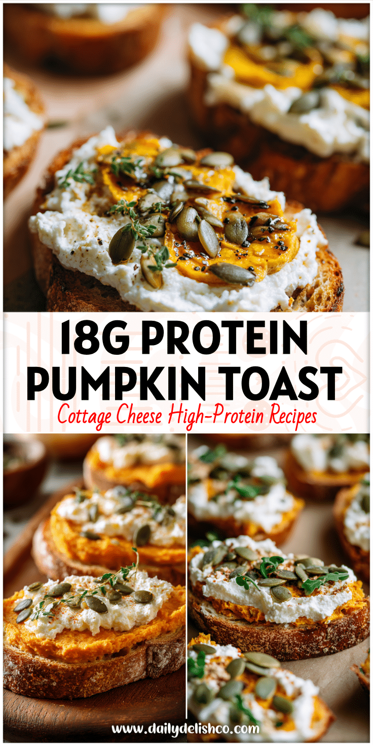 Toasted bread topped with creamy pumpkin spread and Cottage Cheese Savory Breakfast toppings