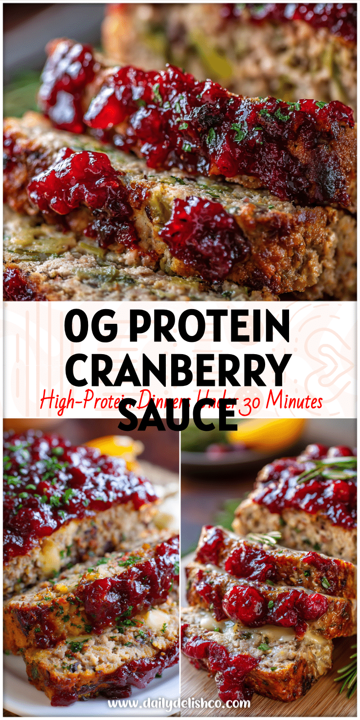 Juicy Turkey Cranberry Meatloaf topped with cranberry sauce, showing Ground Turkey Meatloaf With Stuffing slices on a platter.