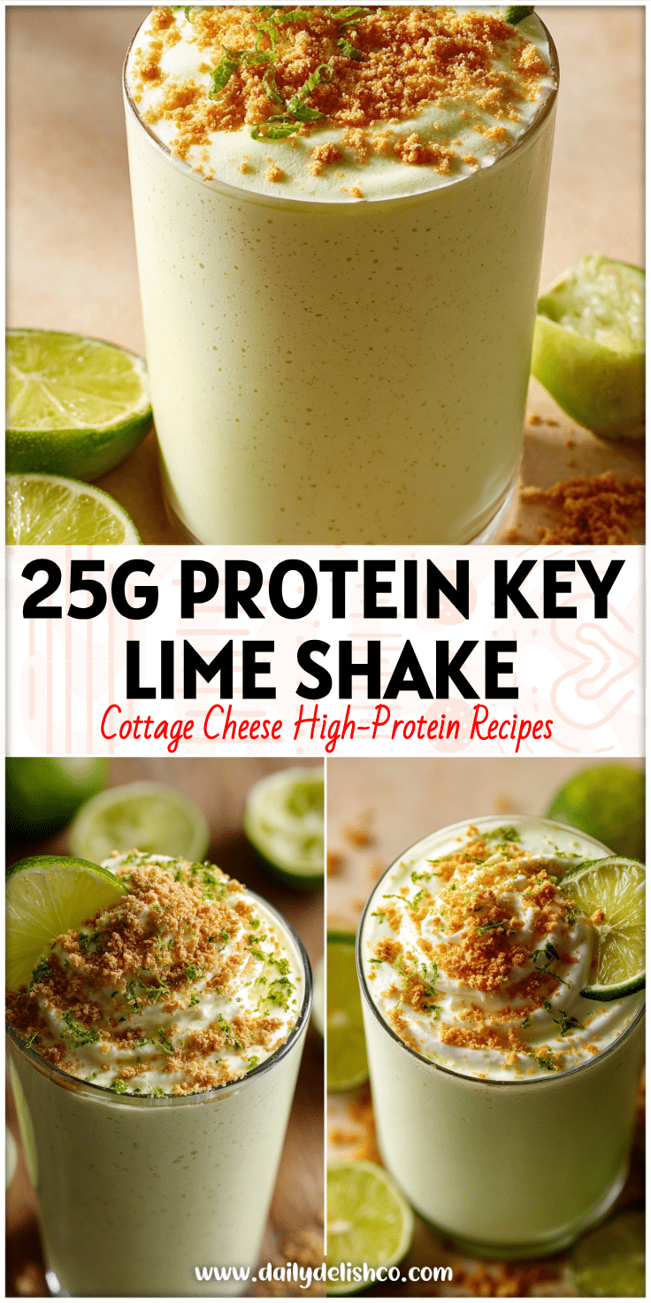 Creamy green Key Lime Pie Protein Shake in a glass topped with lime zest and graham crumbs.