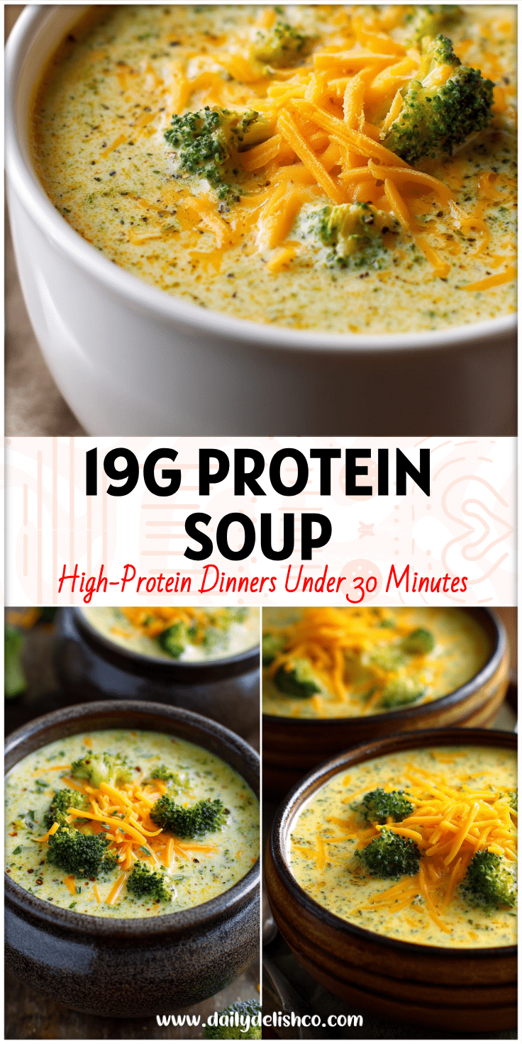 Bowl of creamy Light Broccoli Cheese Soup topped with cheddar and broccoli, a High Protein Broccoli Cheddar Soup served warm.