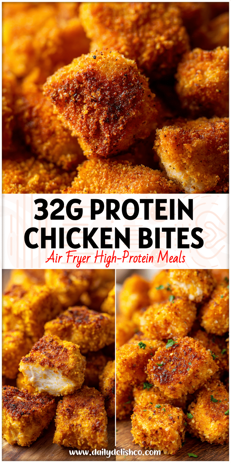 Golden Air Fryer Pumpkin Chicken Bites made from cubed and diced chicken breast with a crispy breaded finish.