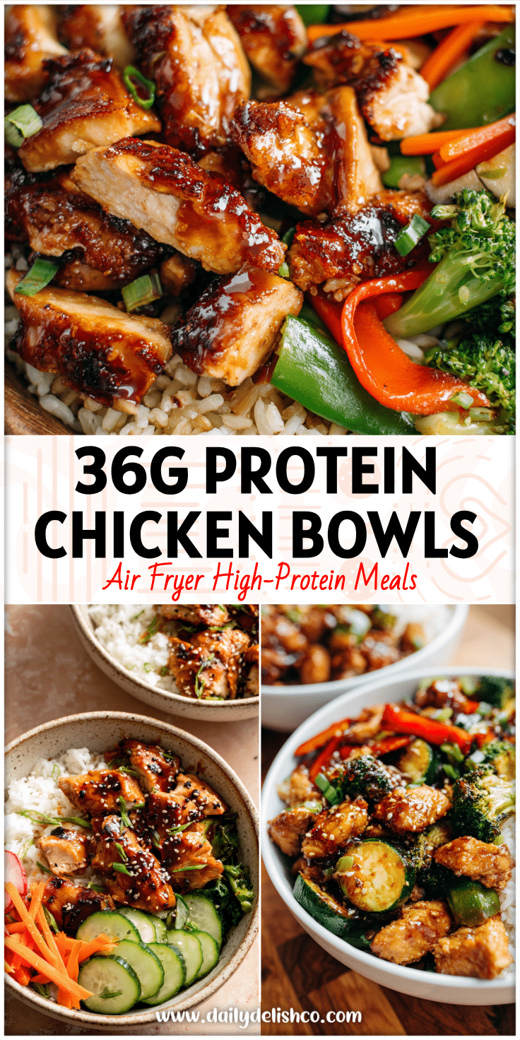 Bowl of Air Fryer Sticky Chicken with rice and veggies showing a colorful Air Fryer Meat And Veggies Healthy Premade Dinner