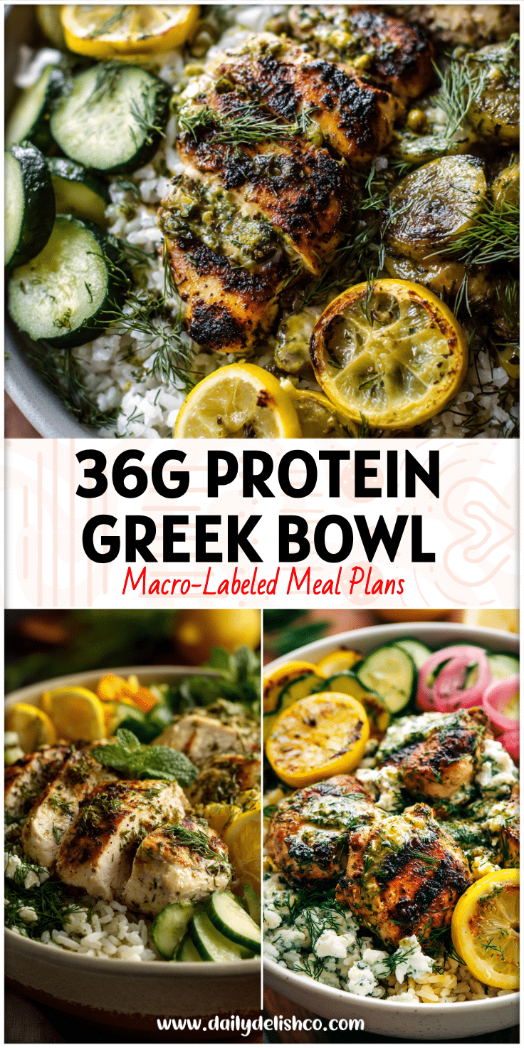 Colorful Lemon-Herb Chicken Bowl with mint, dill, rice, and veggies in a Healthy Greek Bowl Dish style.