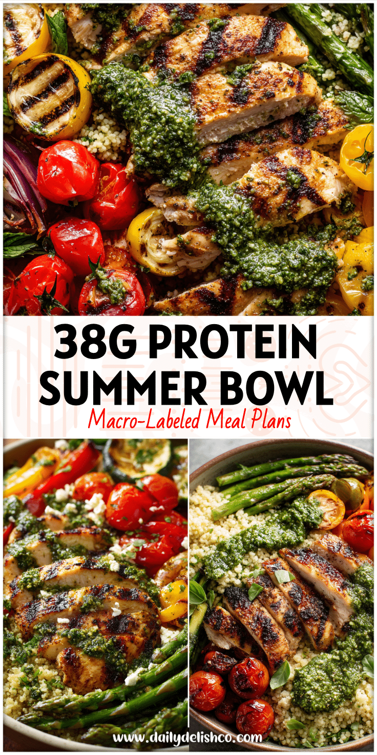 Colorful Summer Pesto Couscous Bowls with Skinnytaste Grilled Chicken Breast, asparagus, and vegetables.