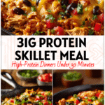 Skillet filled with cheesy High-Protein Chicken Enchilada Skillet topped with rice, beans, and colorful garnishes for Easy Weeknight Meals.