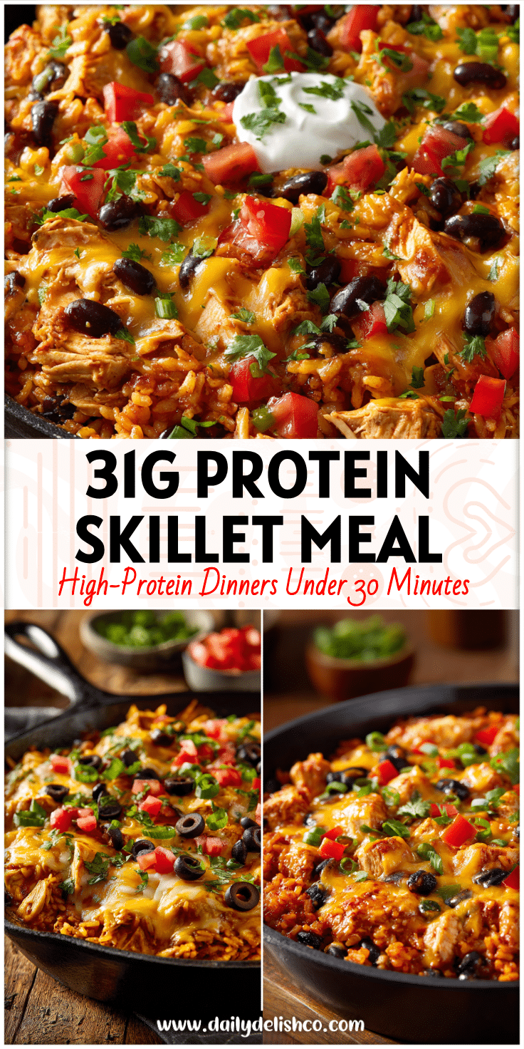 Skillet filled with cheesy High-Protein Chicken Enchilada Skillet topped with rice, beans, and colorful garnishes for Easy Weeknight Meals.