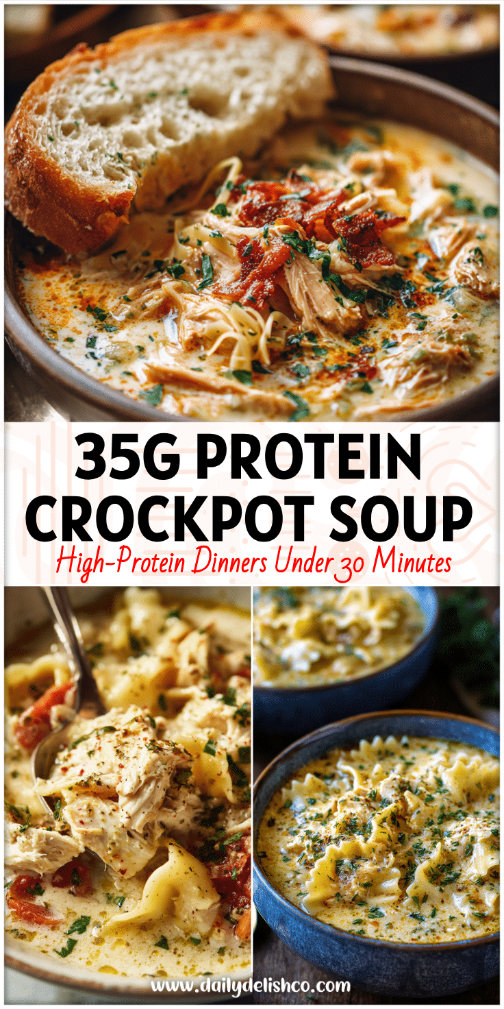 Bowl of creamy High Protein Healthy Soup with chicken, noodles, and herbs, a cozy Protein Crockpot Soup for fall.