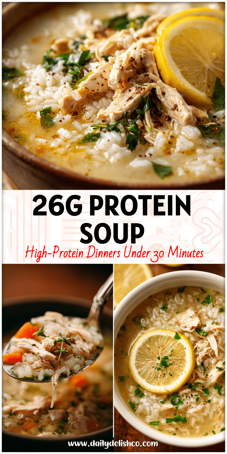 Bowl of shredded chicken lemon rice soup in a crockpot styled for clean chicken soup and healthy meals when sick.