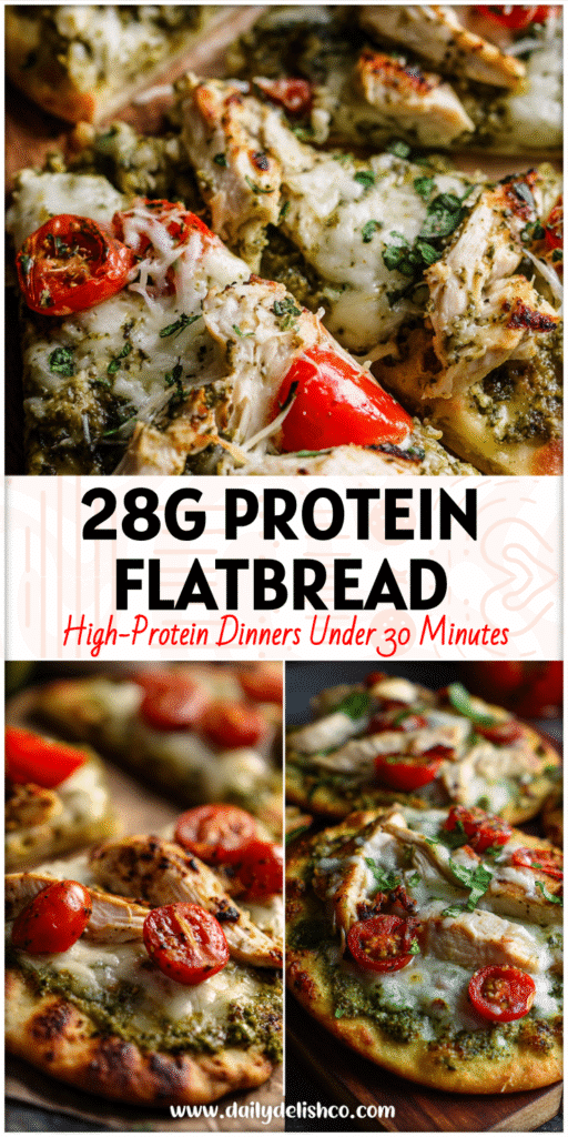 Home 12 Pesto Chicken Caprese Flatbread with grilled chicken, melted cheese, and basil on golden flat bread.