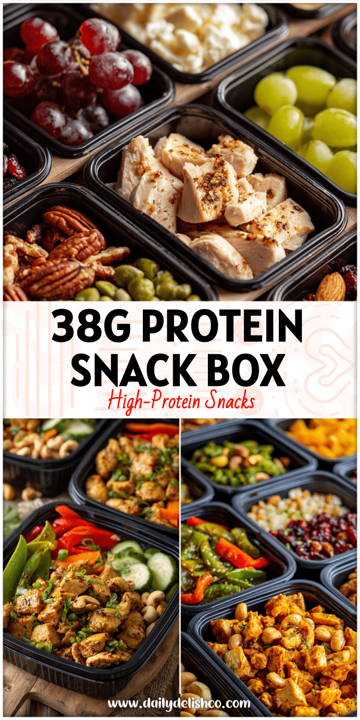 Colorful High-Protein Chicken Snack Boxes with veggies, nuts, and grains as Easy Protein Packed Lunches For Work.