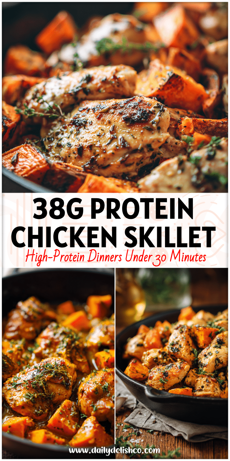 A skillet of High Protein Winter Meal with juicy chicken, sweet potatoes, and herbs for Healthy Clean Dinner Recipes.