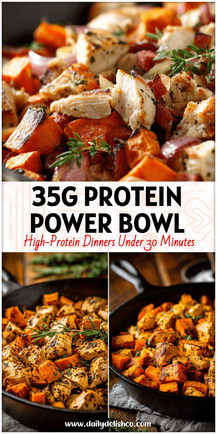A hearty skillet of chicken and sweet potatoes perfect for High Protein Winter Meals and Healthy Clean Dinner Recipes.