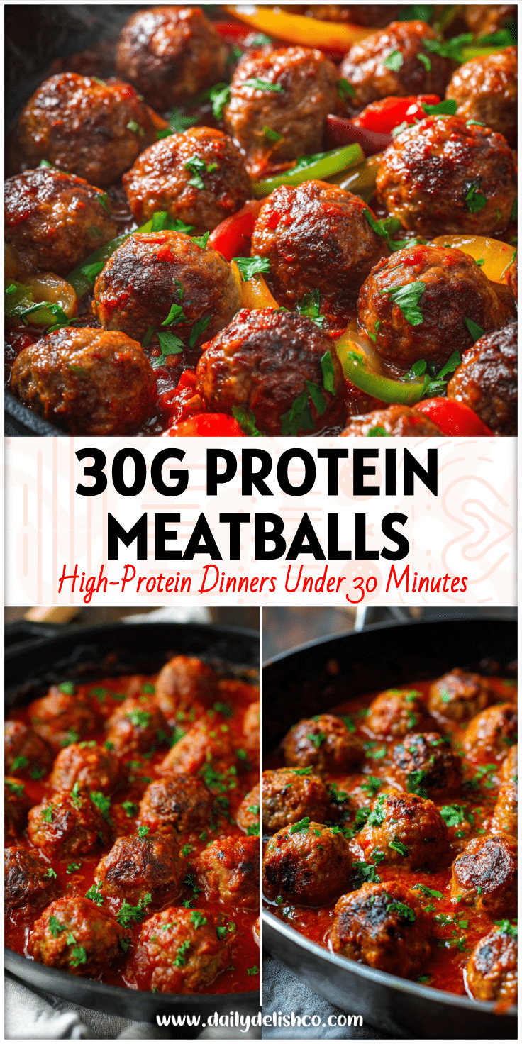 Festive skillet filled with saucy high-protein meatballs, a colorful Dish With Meatballs perfect for Quick And Easy Dinner Recipes Meatballs and Dinners Using Meatballs.
