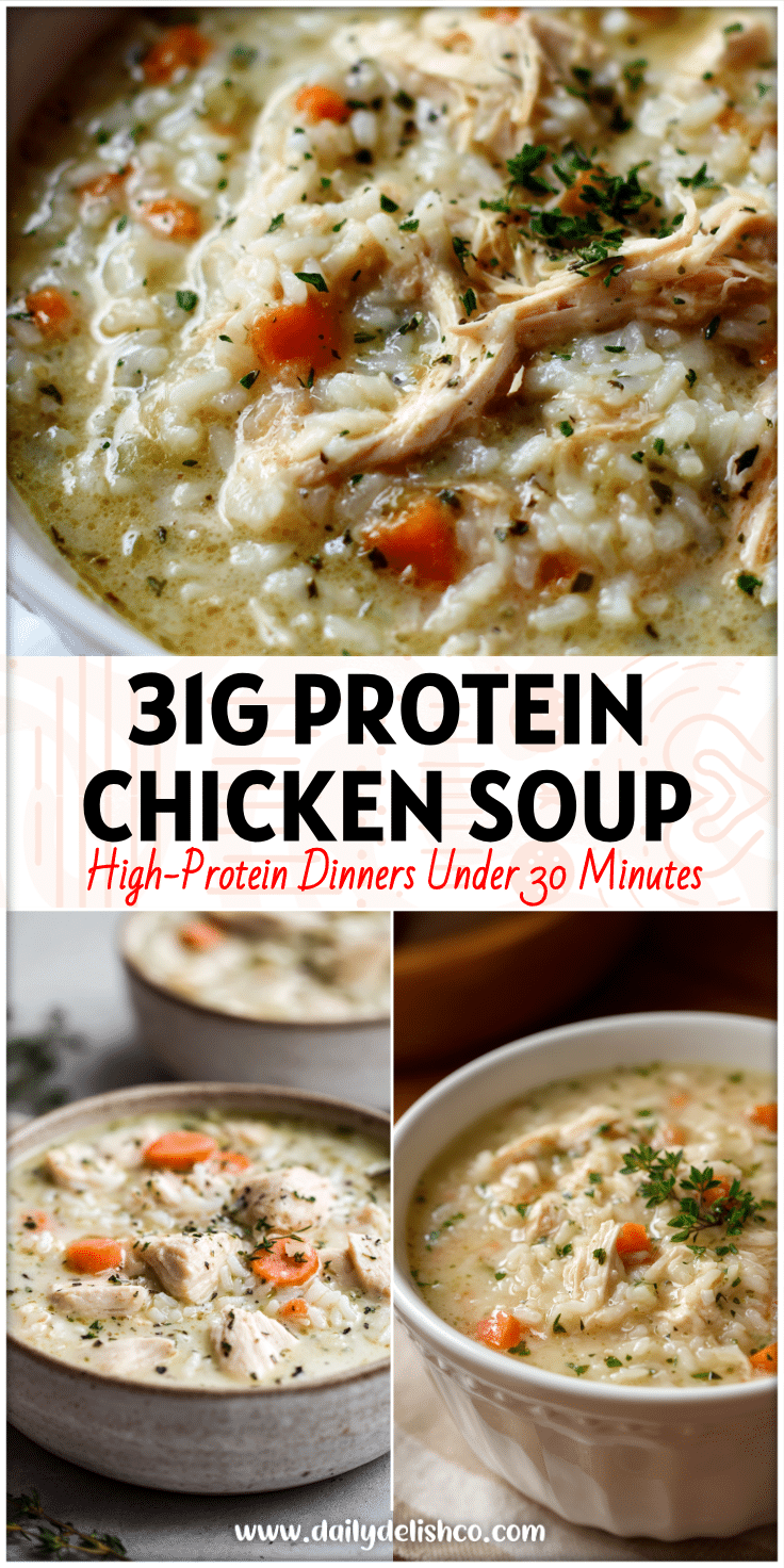 Creamy chicken rice soup served in a bowl with herbs, a comforting Protein Soup for Sunday Dinner Instant Pot ideas.
