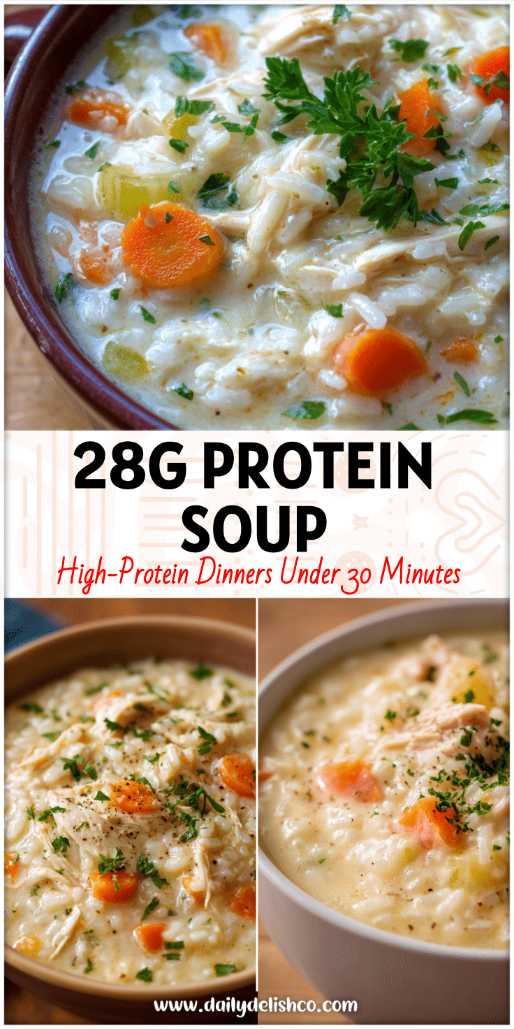 A creamy bowl of high-protein chicken rice soup served hot for a comforting Sunday Dinner Instant Pot recipe.