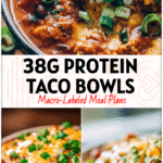 Bowl of macro-friendly chicken taco lunch with creamy Cheesy Chicken Chili Crockpot and Cracked Chicken Chili toppings.