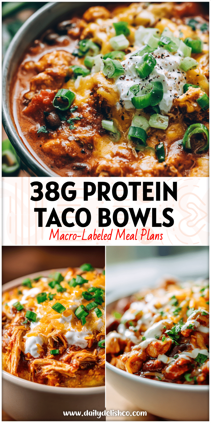 Bowl of macro-friendly chicken taco lunch with creamy Cheesy Chicken Chili Crockpot and Cracked Chicken Chili toppings.