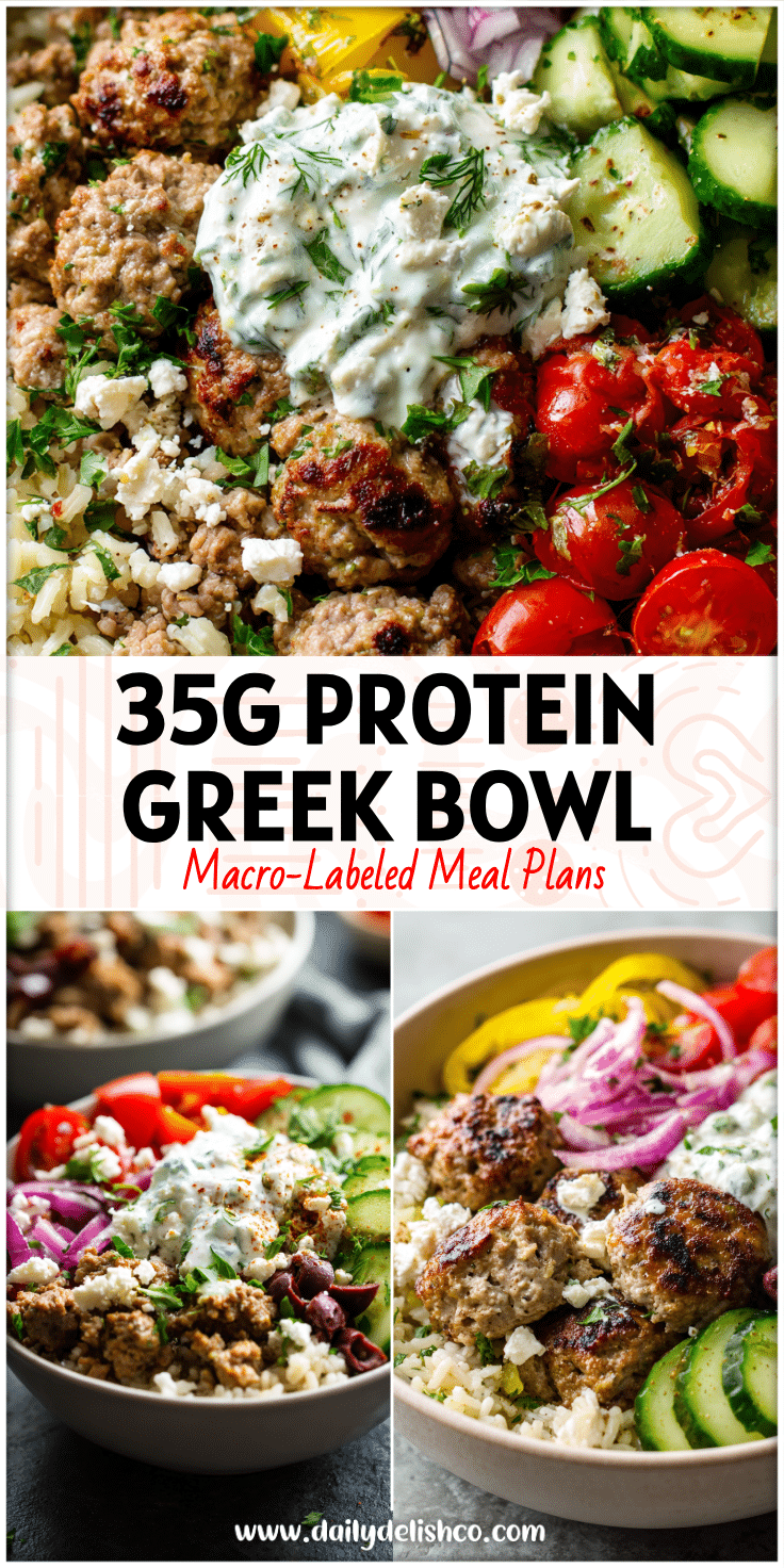 Colorful Greek Turkey Rice Bowl with ground turkey, fresh veggies, tzatziki, and Mediterranean flavors.