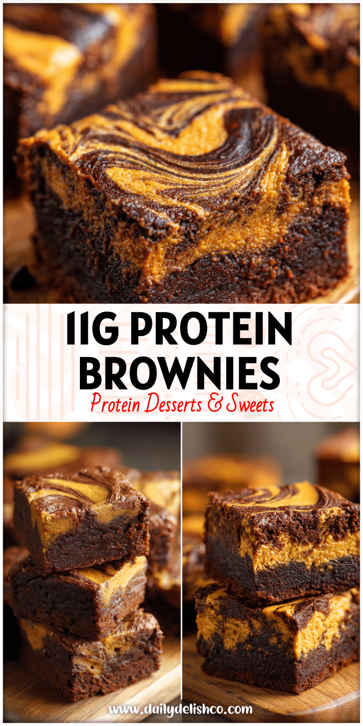 Fudgy Protein Pumpkin Brownies swirled with cheesecake and chocolate, topped with pumpkin puree for a cozy Fall Protein Dessert.