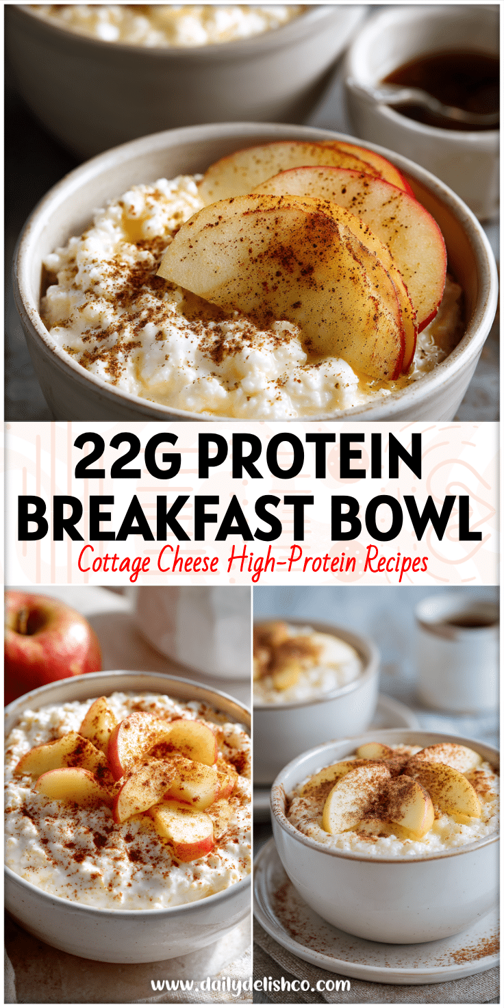 Baked Apple Cinnamon Cottage Cheese Breakfast Bowl with warm apples, creamy cheese, and cinnamon dusting.