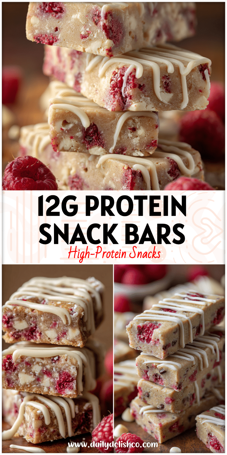 Stacked White Chocolate Raspberry Protein Bars with visible raspberry bits and creamy white chocolate drizzle.
