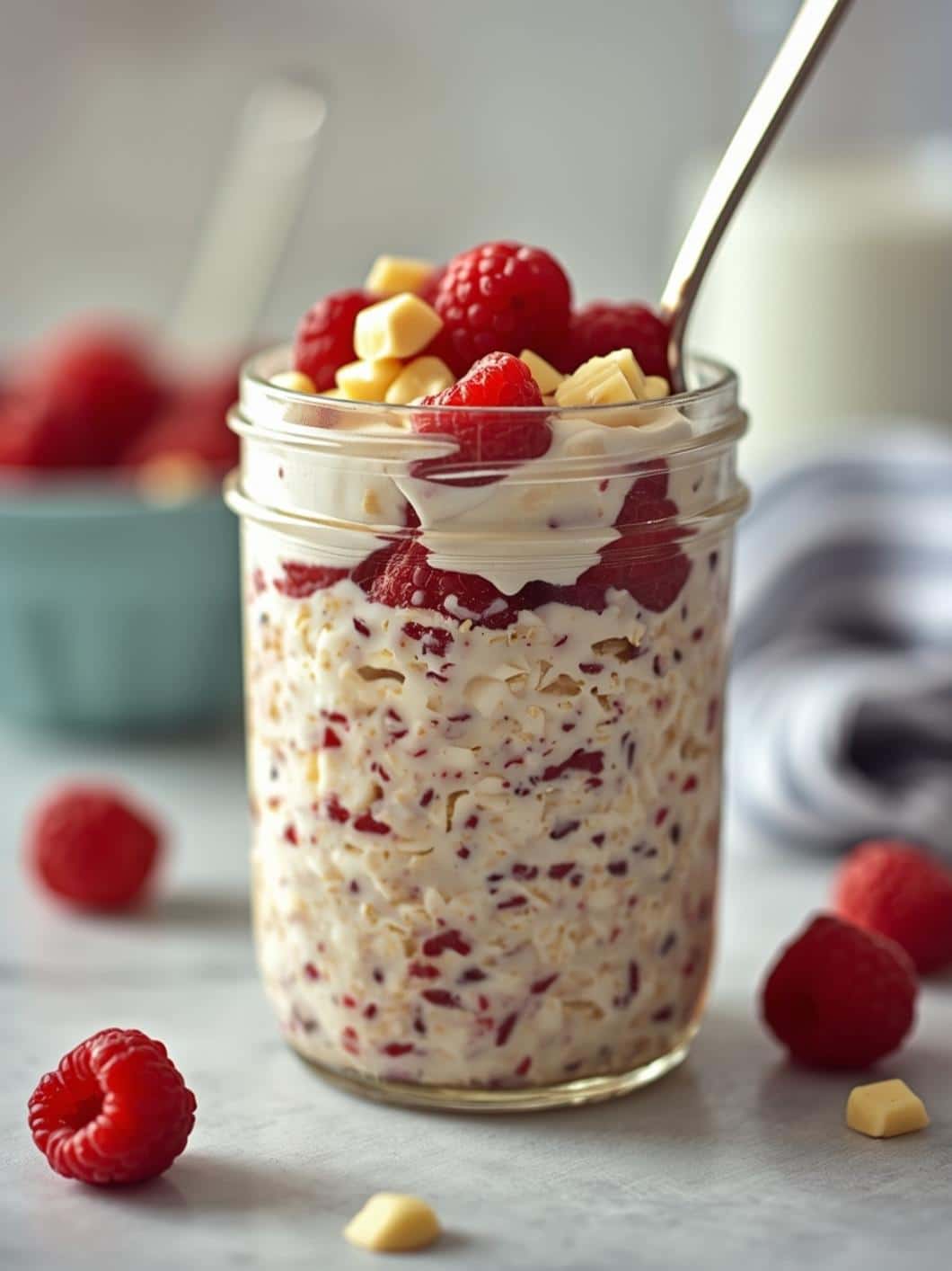 Protein Raspberry Overnight Oats with White Chocolate