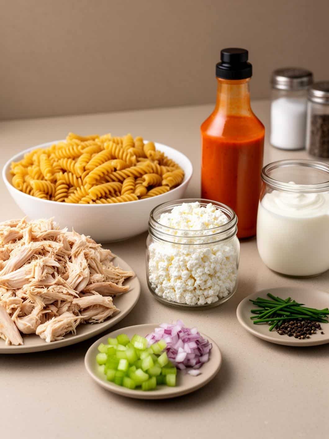 Buffalo Cottage Cheese Chicken Pasta Salad